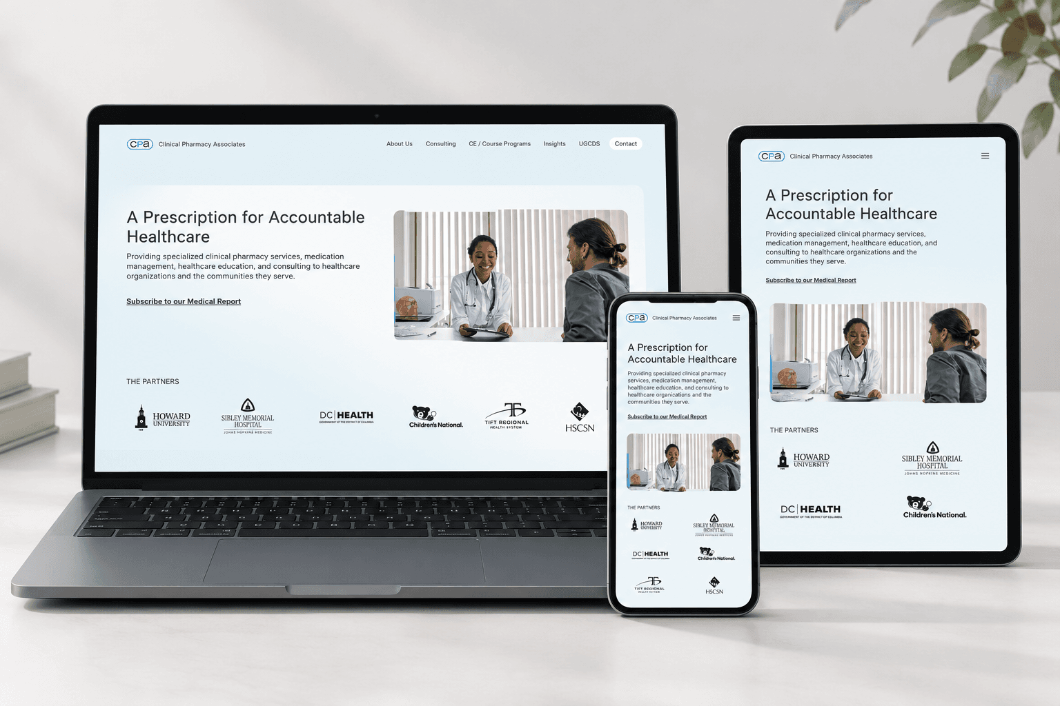Clinical Pharmacy Associates website shown across a laptop, tablet, and phone